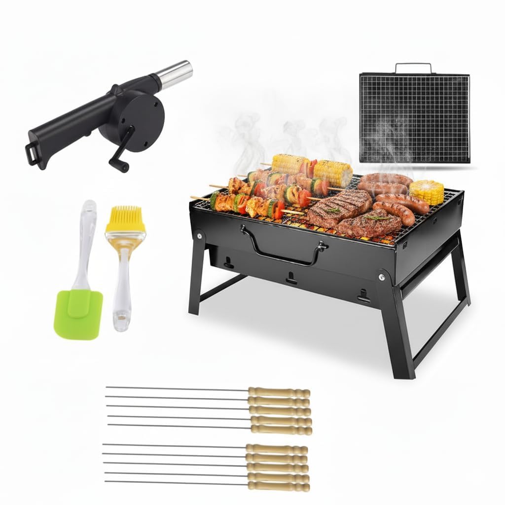 Foldable And Portable Charcoal Barbeque Grill,【5 Combo】:【12-Stick】2-Spatula, 1-BBQ Grill, 1-Blower, Outdoor Grill Tools for Camping Picnics Traveling (Barbecue set)