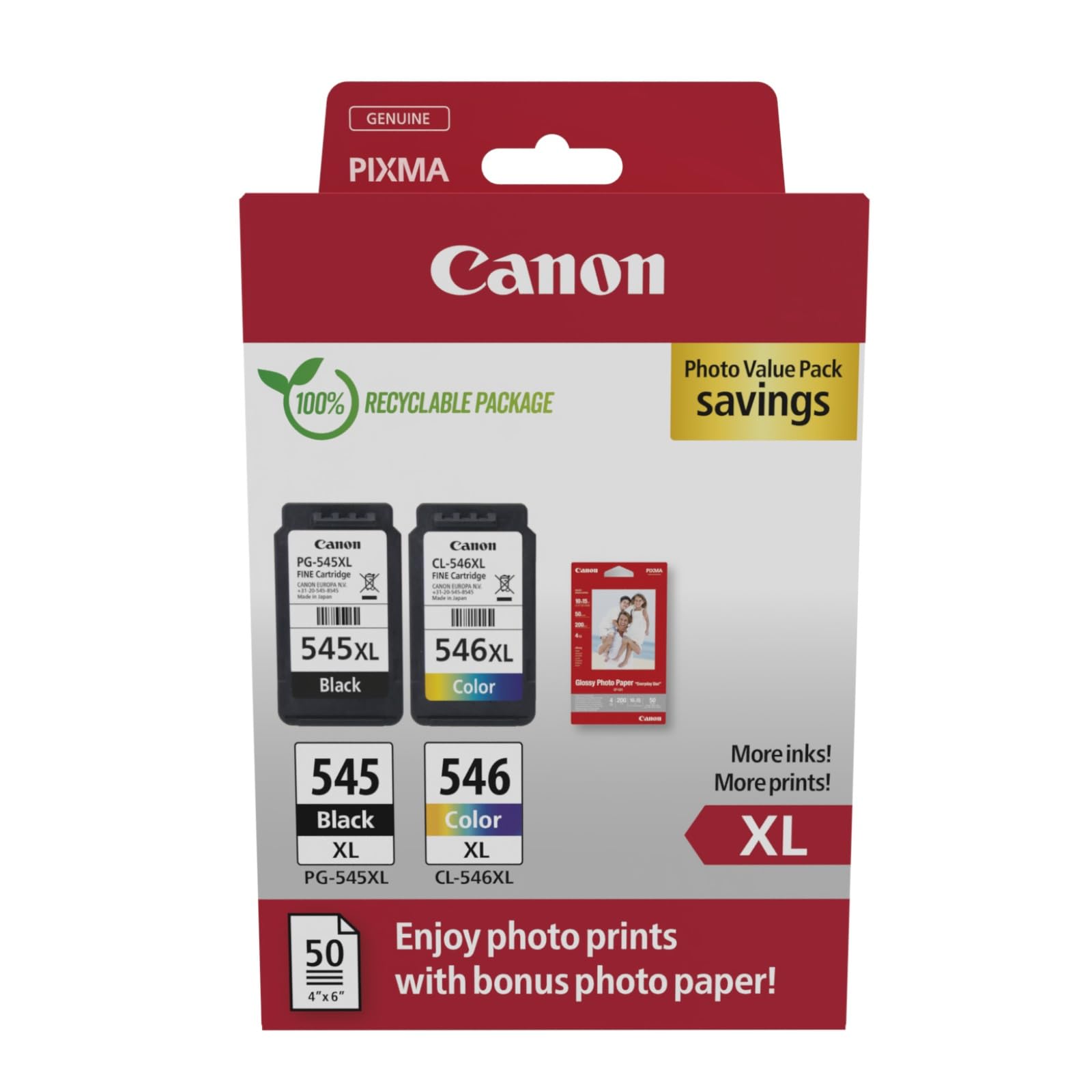 Canon PG-545XL / CL-546XL Lot de 2 Cartouches d'encre Authentiques à Haut rendement (Couleur et Noir) - Comprend 50 Feuilles de Papier Photo 10 x 15 cm - Carton de sécurité
