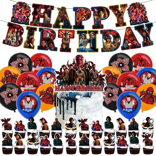 Stranger Th-ings Birthday Decorations Party Supplies Set Banner Balloons Cake Cupcake Toppers