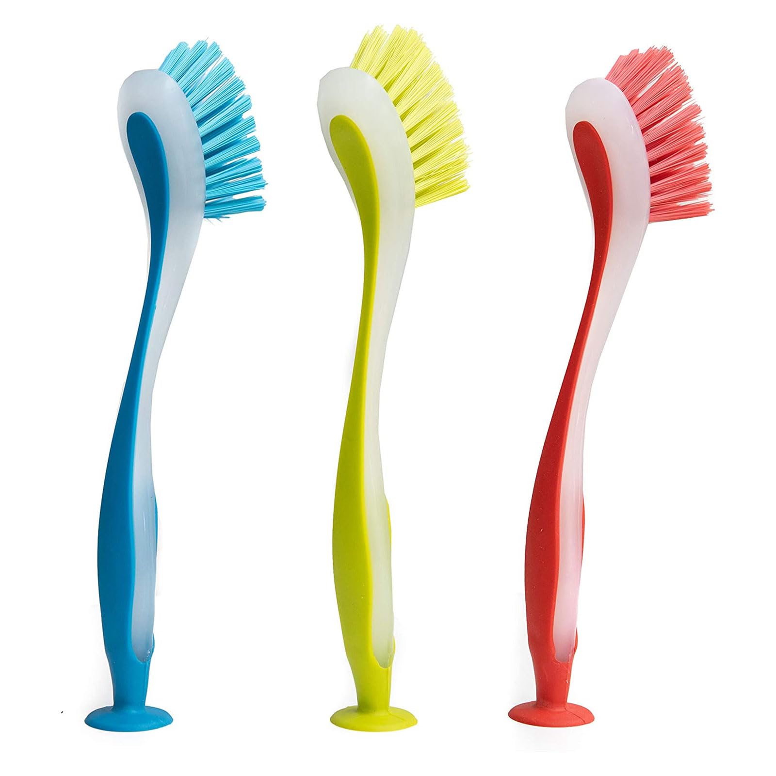 Xjdzineq Of 3 Kitchen Scouring Scrubber Brushes with Suction Base Long Ergonomic Handle Assorted Color for Dishwashing Tasks Scrubber with Suction Cup