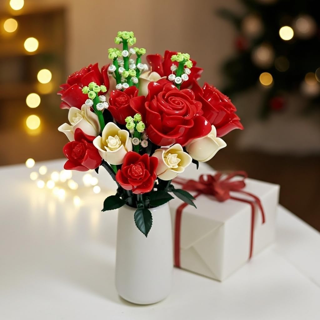WISEPLAY Rose Bouquet Flower Building Set – 697 PCS for Women, DIY Red & White Rose Flower Building Blocks, Creative for Adults & Teens - Image 8