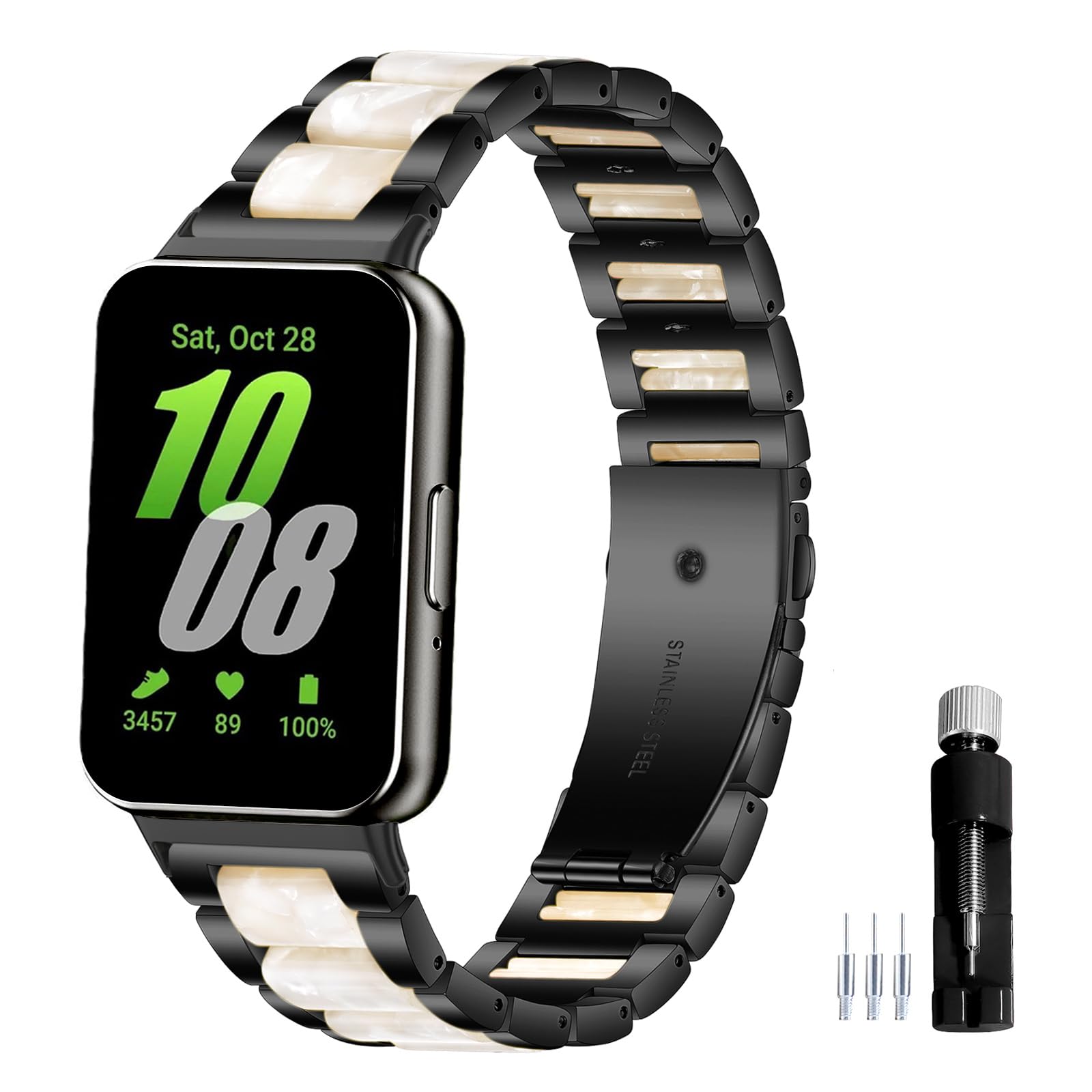 Gheper Resin Stainless Steel Watch Band Compatible with Samsung Galaxy Fit3[2024] SM-R390 Quick Fit Replacement Metal Wristband Strap for Men Women