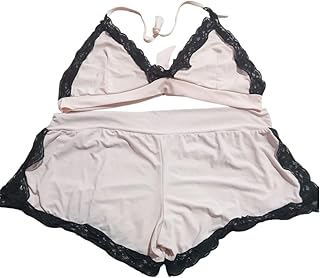 مجموعة ملابس داخلية نسائية من الساتان، طقم بيجاما بحمالات رفيعة مع دانتيل، لون وردي فاتح مع أسود