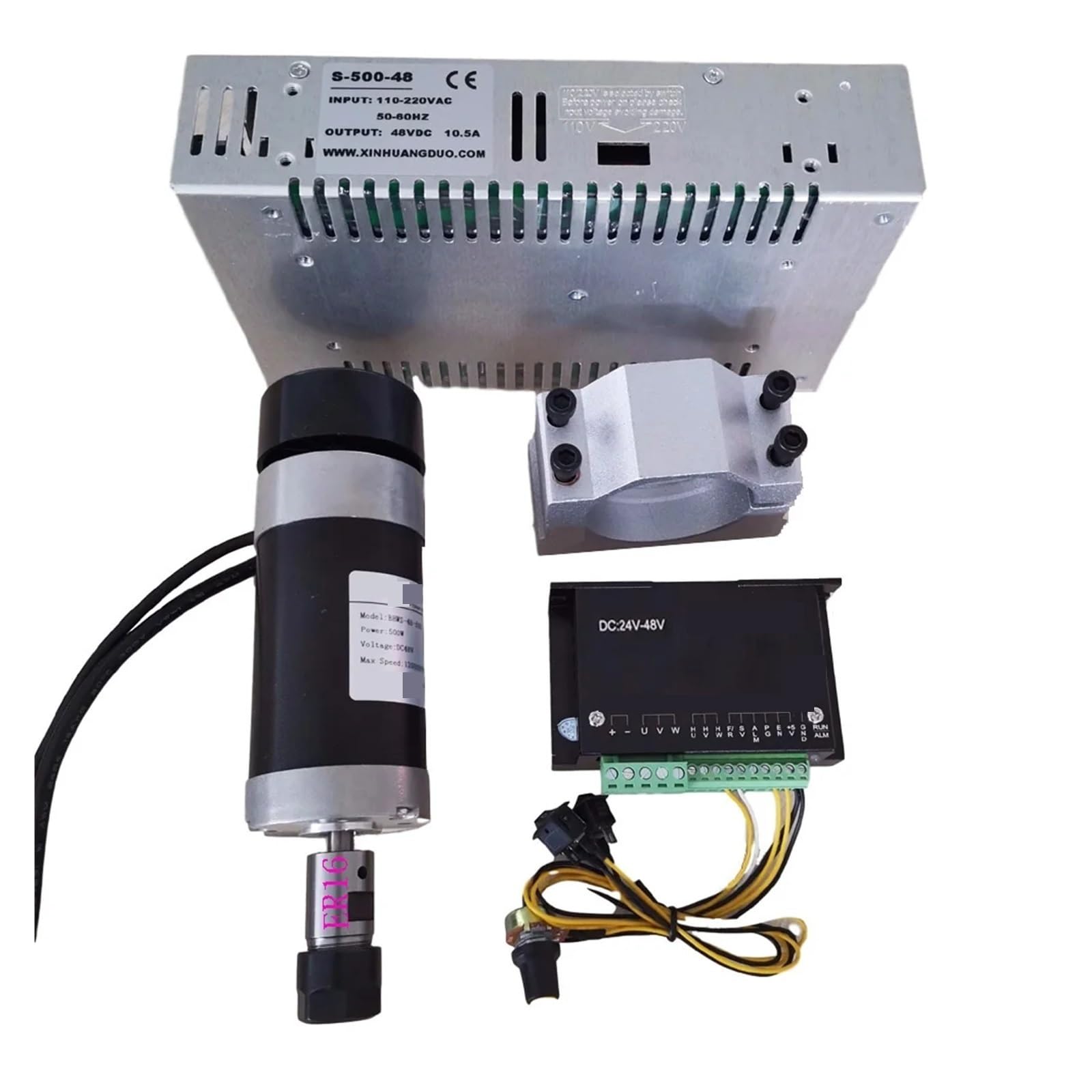 48v 500W ER16 Bezszczotkowe Wrzeciono 57MM Zacisk Ze Śrubami 48V Bezszczotkowy Sterownik Silnika 48VDC 10.5A Zasilacz Cicha, Wydajna I Stabilna Praca(Package7 ER16)