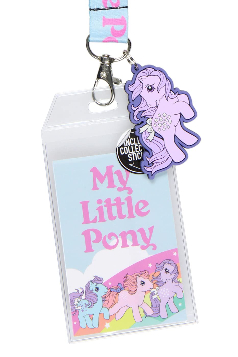 My Little Pony Retro dwustronny uchwyt na identyfikator smycz z gumowym kucykiem i naklejką kolekcjonerską