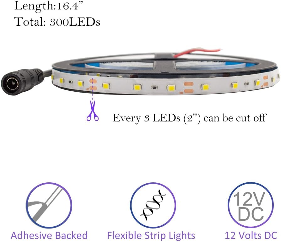 3528 Neutral White LED Light Strip - 300 LEDs, 4000K, 72 Lumens & 1.3 Watts per Foot, 12V DC, Adhesive Backed - for Kitchens, Cabinets, Displays, Bedrooms, Crown Molding & More