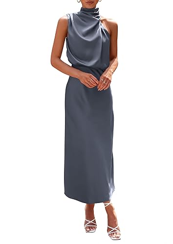 PRETTYGARDEN Women's 2026 Summer Satin Dress Elegant Sleeveless Mock Neck
