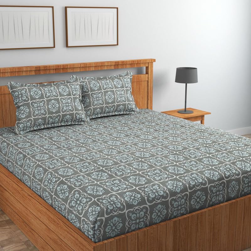 Image of Jashan Premium Cotton Fitted Bedsheets with 2 Pillow Covers for King Bed | 200-220 TC | Size 78x72+10 Inches | Grey| Soft, Durable, All-Around Elastic Modern Collections