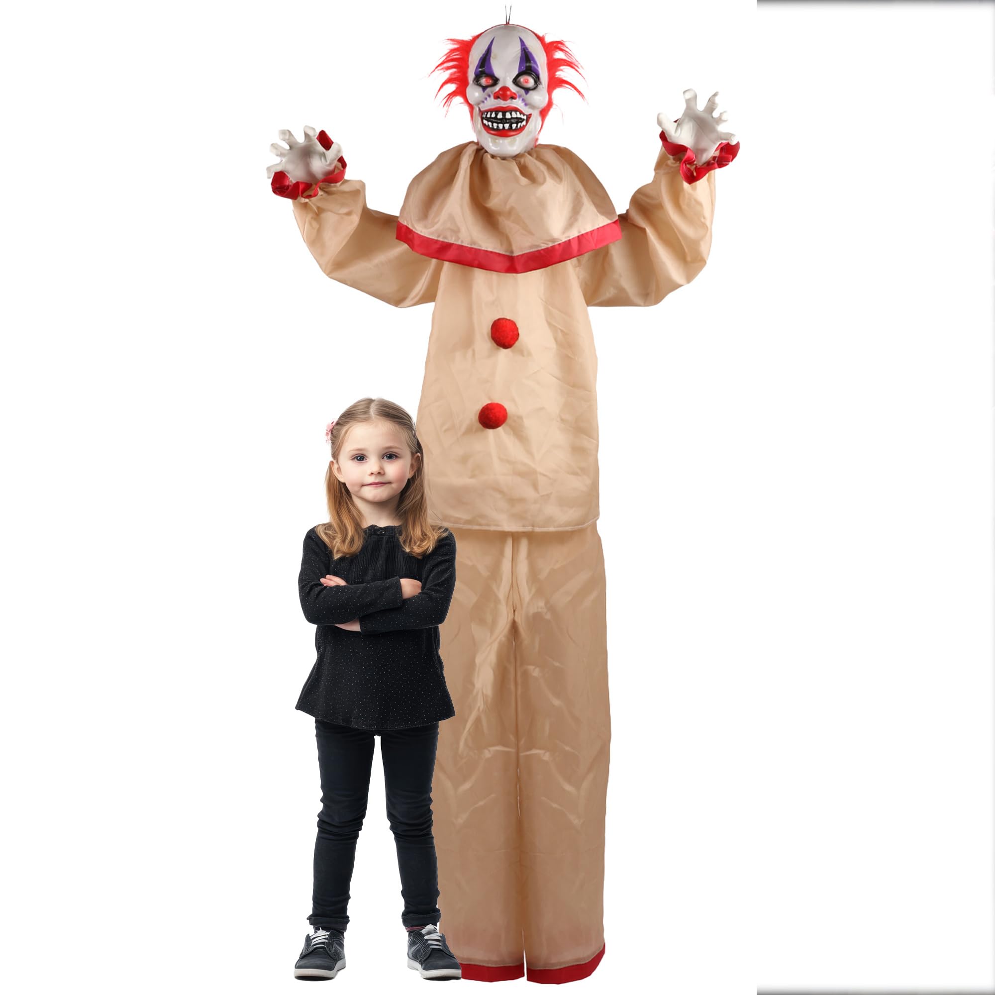 I LOVE FANCY DRESS LTD Animatronic duży przerażający klaun 160 cm dekoracja na Halloween - czerwone świecące oczy i efekty dźwiękowe, ruchome ramiona - rekwizyty na Halloween - 2 sztuki