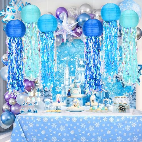 Blue Jellyfish Paper Lanterns, 8" Hanging Jelly Fish for Under The Sea Party Decorations, Mermaid and Ocean Theme Birthday Decor, Classroom and Beach Room Ornaments with Hooks（6 Pack ） — view 6