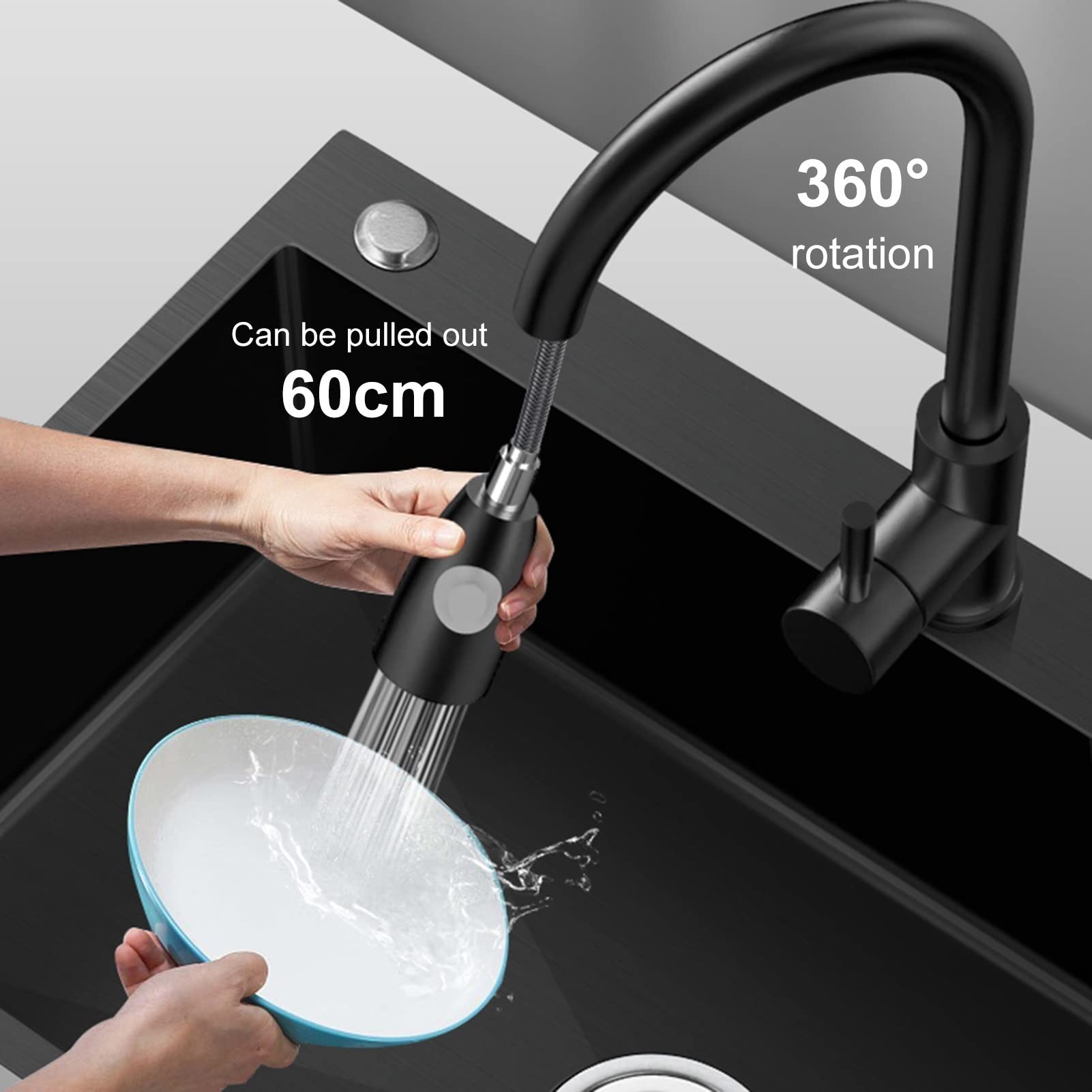 Lavello da Cucina Nero Grigio Lavello Quadrato Lavello in Acciaio Inox A 3 Fori Ispessimento con Rubinetto Estraibile E Accessori, Nero 72 * 45 Cm