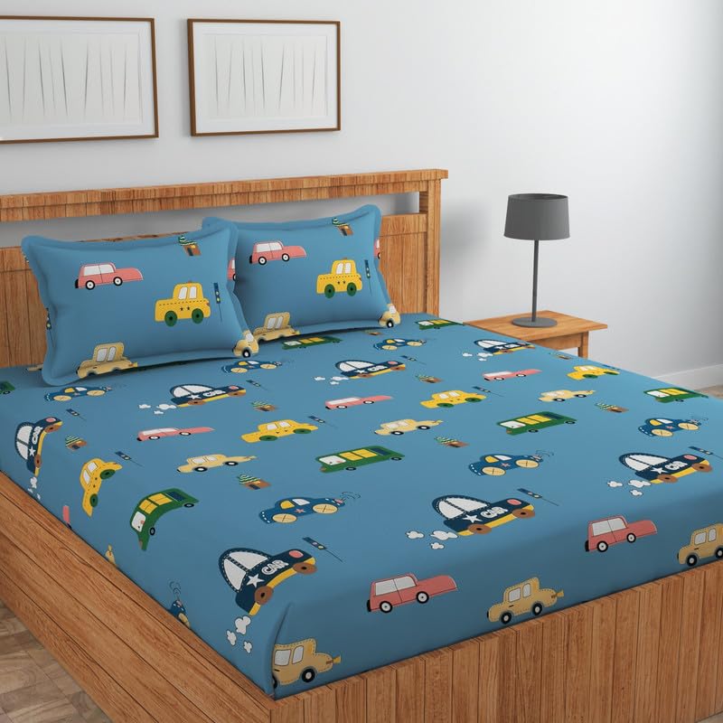 Image of NHD HOME Cotton Flat Double Bedsheets with 2 Pillow Covers | Double Bed Breathable | Wrinklefree | Ultrasoft |Summer Bedsheet 200 to 220 tc Floral | 90 x 90 inches, Floral Denim Blue