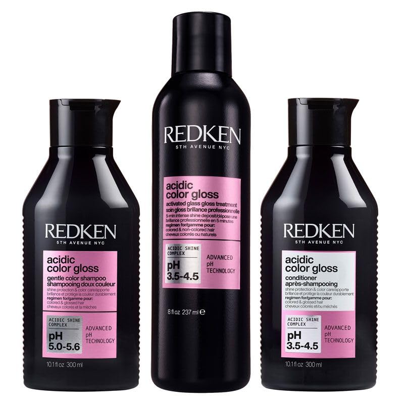 Redken PACK Acidic Color Gloss Szampon bez siarczanów, 300 ml, odżywka z kwasowym połyskiem, 300 ml i aktywowane szkło, połysk, 237 ml