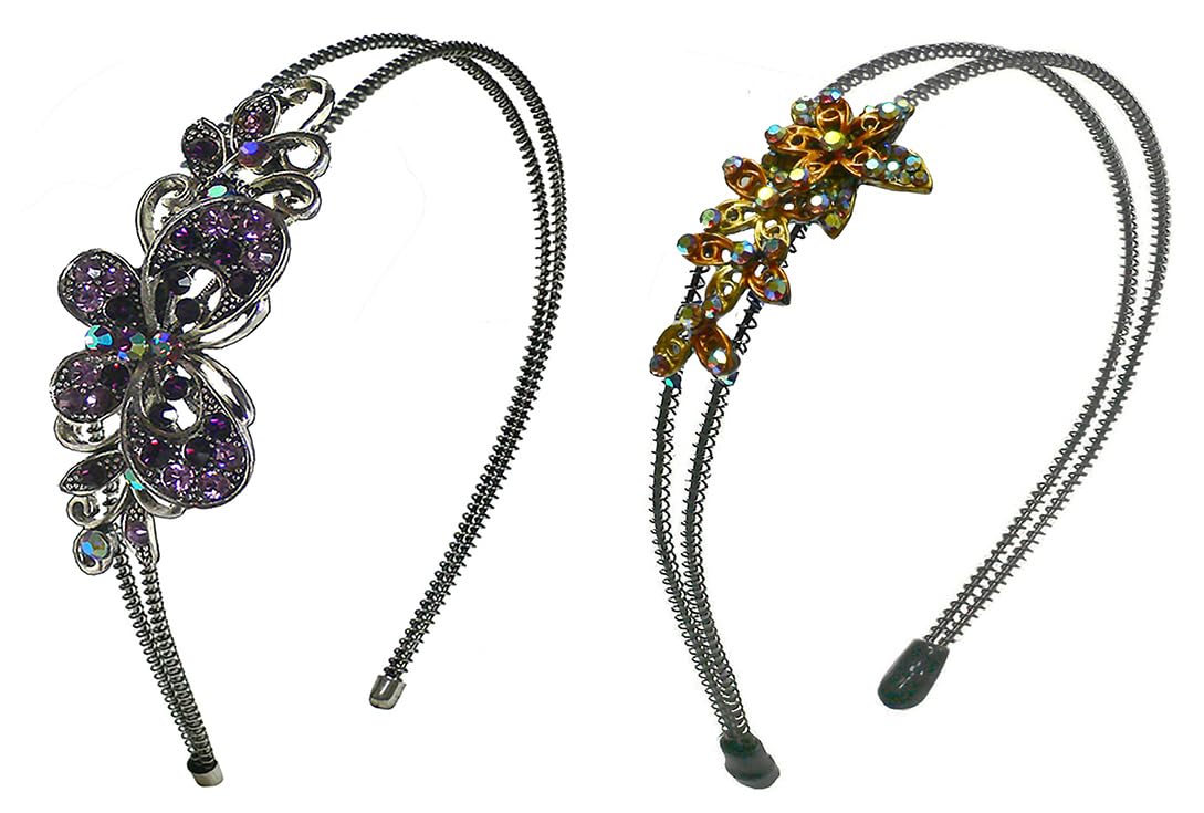 Set of 2 Crystal Flower Headbands Metal Hair Bands YY86801-3-2purpleRose