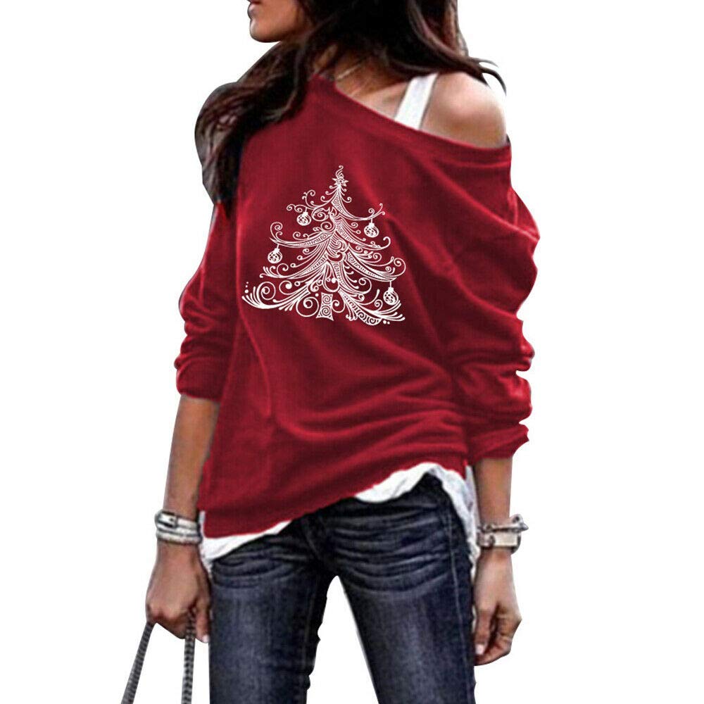 DaYee Blusa suelta para mujer con hombros descubiertos, diseño de árbol de Navidad
