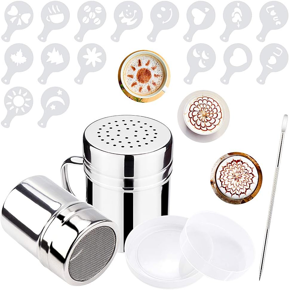 2 Sizes Coffee Sprinkles Powder Set,Stainless Steel Mesh Icing Sugar Shaker,with 16 Coffee Stencils for DIY Cappuccino Coffee,Lcing Sugar Cocoa Flour & Latte Coffee