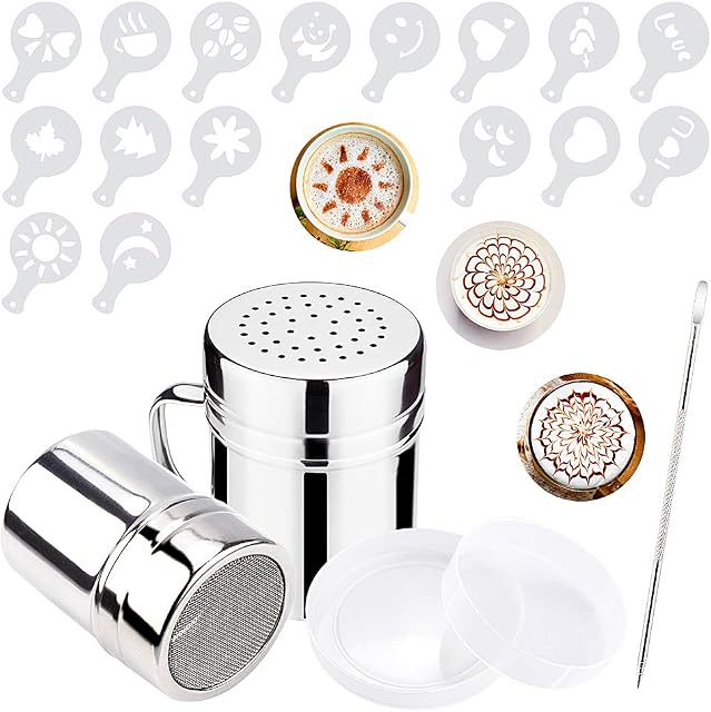 2 Sizes Coffee Sprinkles Powder Set,Stainless Steel Mesh Icing Sugar Shaker,with 16 Coffee Stencils for DIY Cappuccino Coffee,Lcing Sugar Cocoa Flour & Latte Coffee