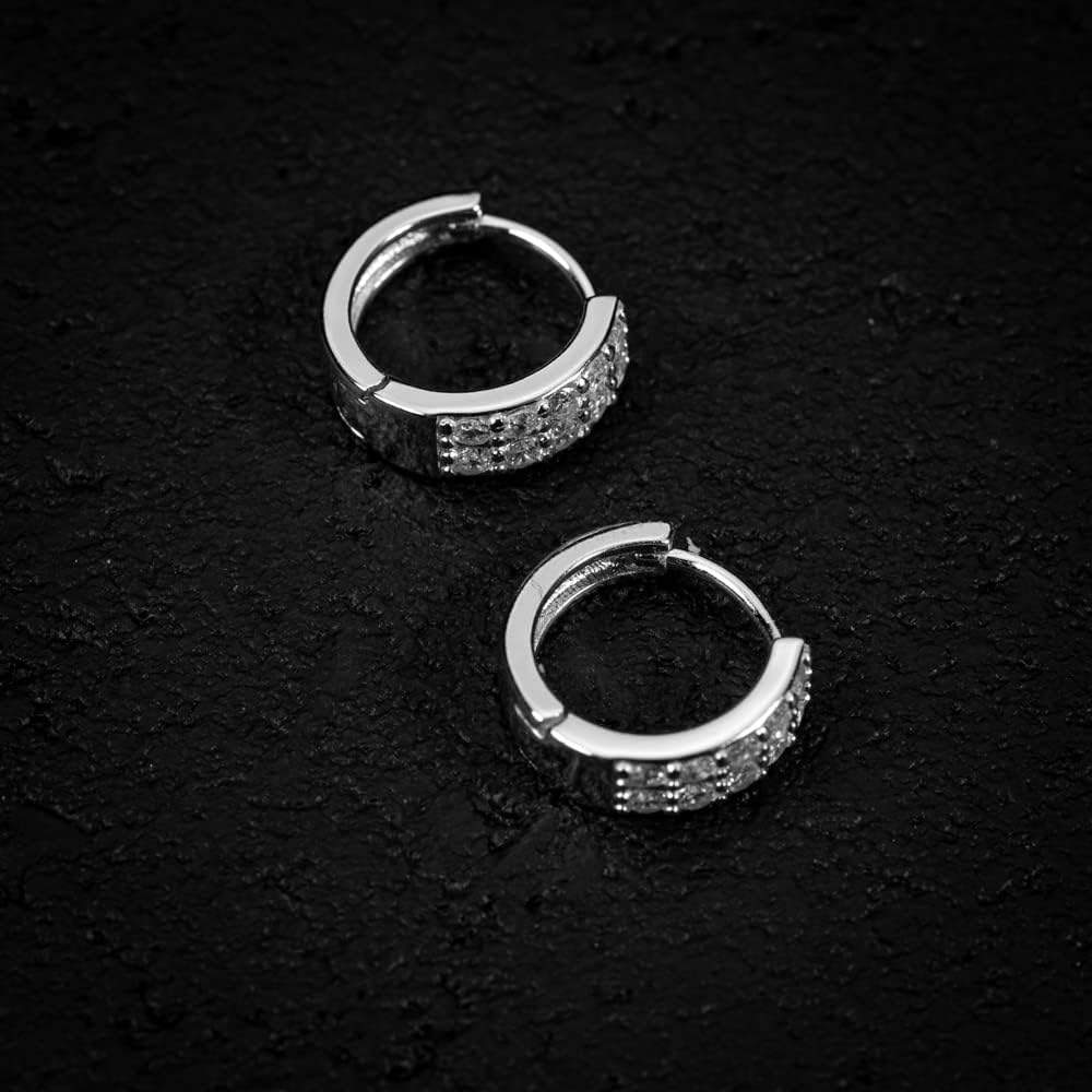 Two Row Iced Shiny 5A Cz Trendy Classic White Gold Plated 925 Sterling Silver Post Unisex Ice Out 12mm Hoops Hypoallergenic Huggie Hoop Earrings For Men Women Jewelry - Image 4