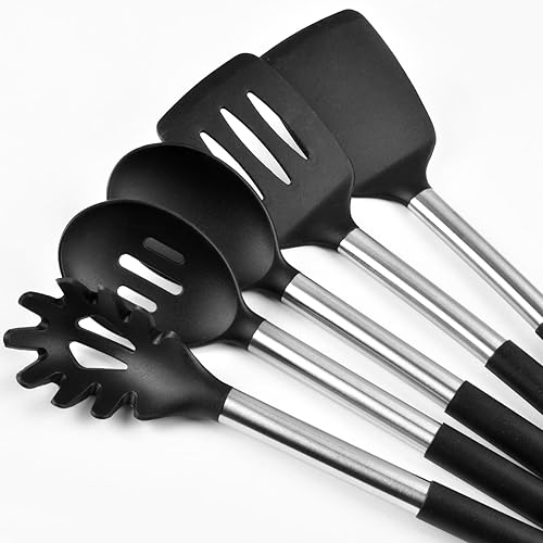 Miniatura 3 de 5Pcs Silicone Cooking Utensils Set, Heat Resistant Kitchen Tools Include Solid&Slotted Spatula, Cooking Spoon and Pasta Server, Silicone Kitchen