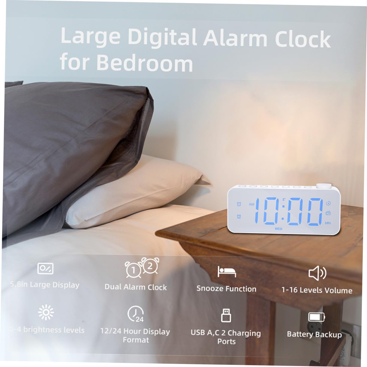 Radio Despertador de Pantalla Grande para Dormitorio Radio y Función de Carga USB como Despertador Digital para Obsequio