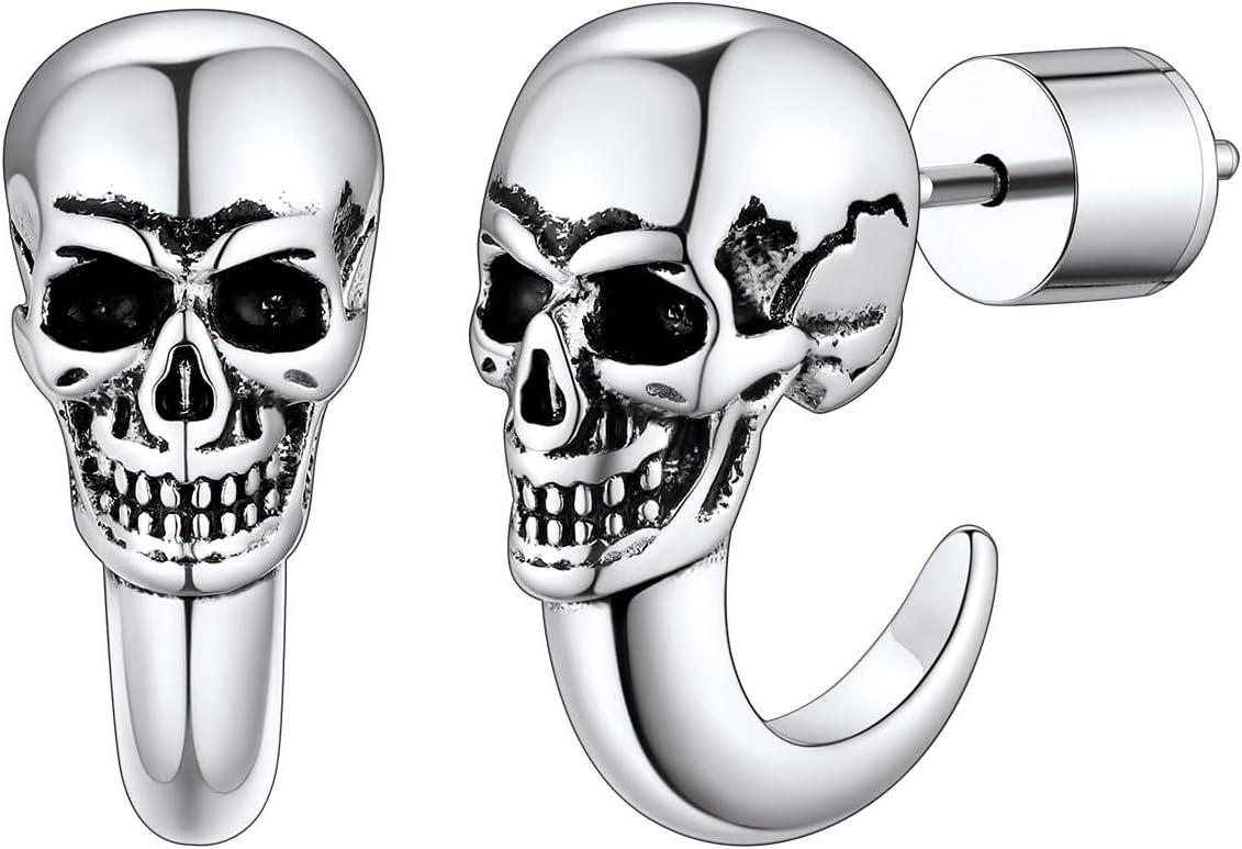FaithHeart Skull Hoop Earrings for Men Silver/Black/Gold Stainless Steel Gothic Huggie Hoops Earring Lightweight Hypoallergenic Punk Cool Rapper Hip-hop Ear Jewelry Gifts