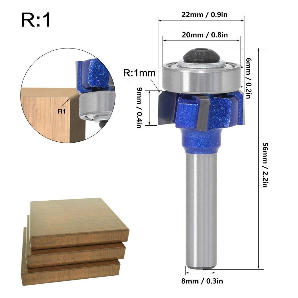 Punte per router arrotondati con gambo 8 mm, punta per bordi arrotondati angolari in metallo duro, taglierina per bordi a 4 taglienti per fresatura del legno, raggio metrico(1mm)