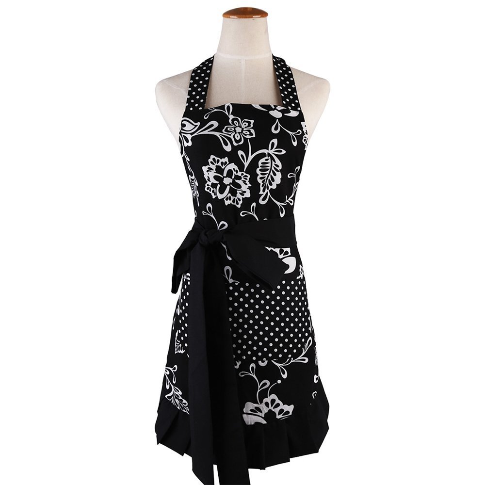 G2PLUS Apron for Women with Pockets, Extra Long Ties,Floral Apron, Perfect for Kitchen Cooking, Baking and Gardening, 29 x 21 - inch (Black)