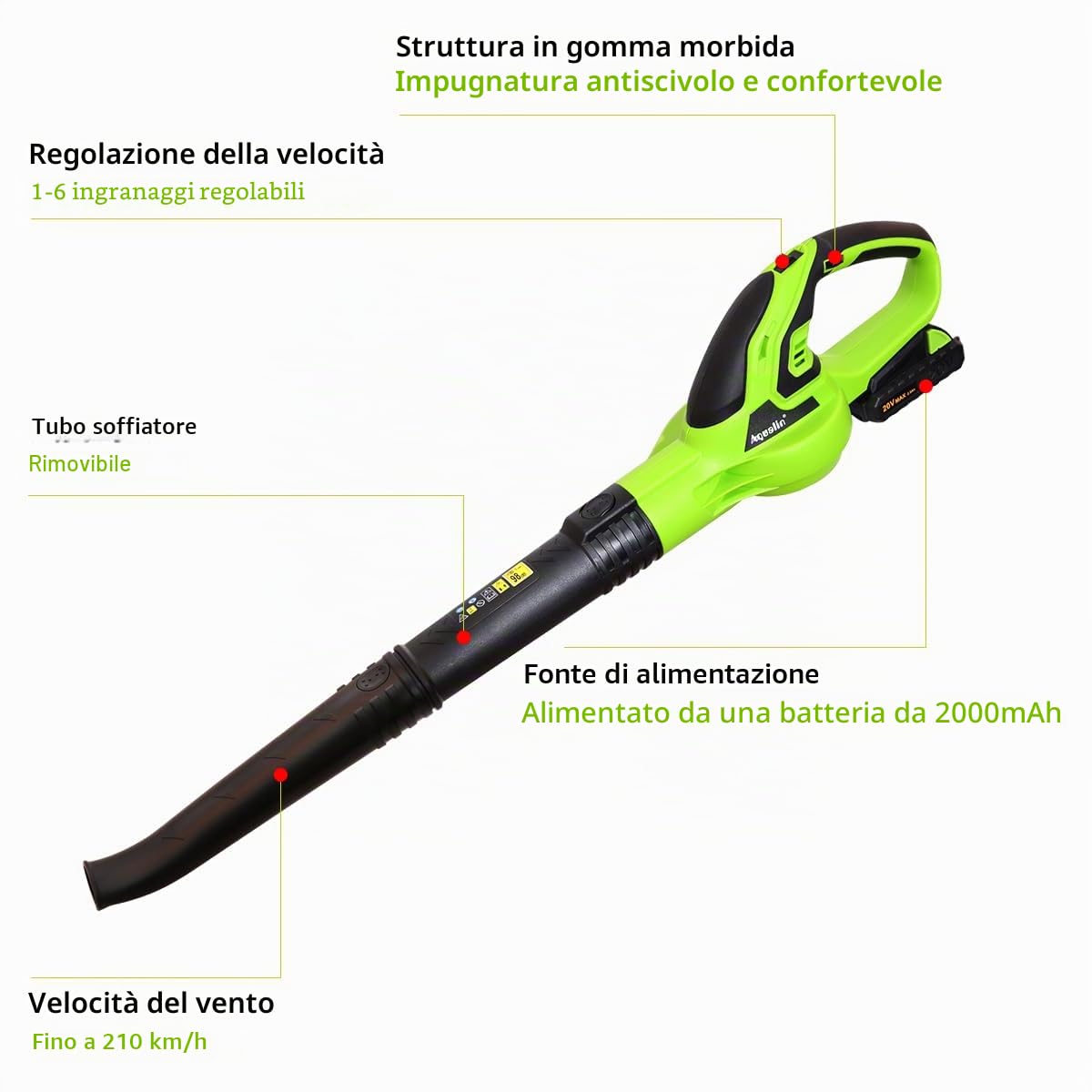 Soffiatore per foglie a batteria da 2,0 Ah, con caricatore rapido, utilizzato e una batteria per giardini, prati e cura delle foglie cadute