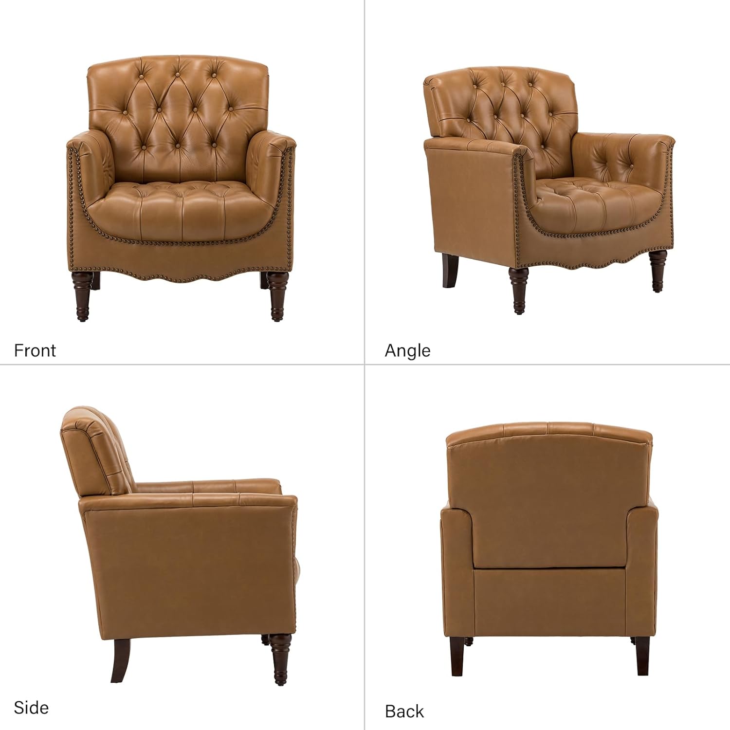 HULALA HOME Mid Century Modern Leather Club Chairs Set of 2, Top-Grain Genuine Leather Armchairs with Button-Tufted Back & Solid Wood Legs, Accent Chairs for Living Room/Bedroom/Home Office, Camel