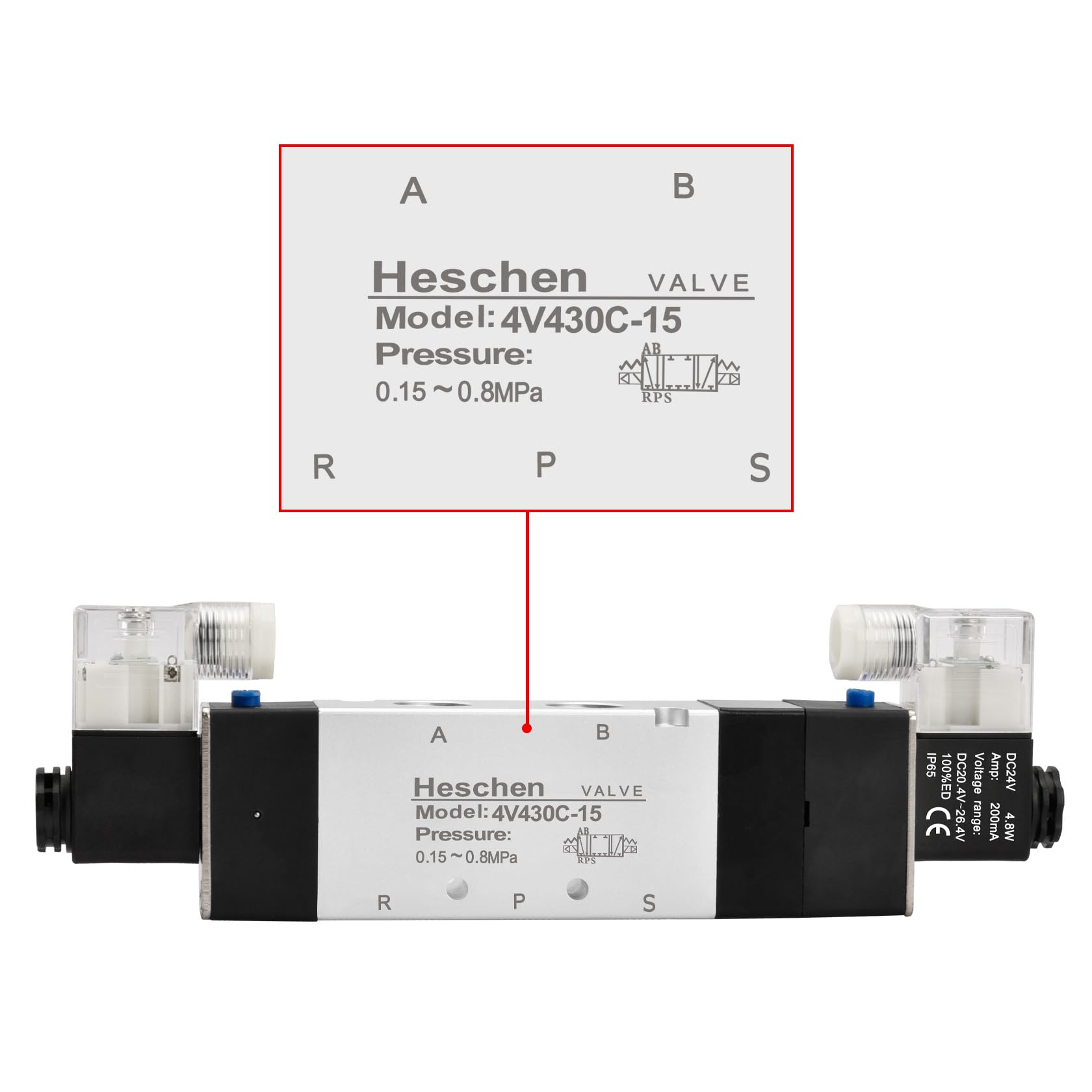 Électrovanne Pneumatique Heschen 5/3 Voies - Modèle 4V230C-08, 24VDC, PT1/4, Base Collecteur, Pour Systèmes Automatiques