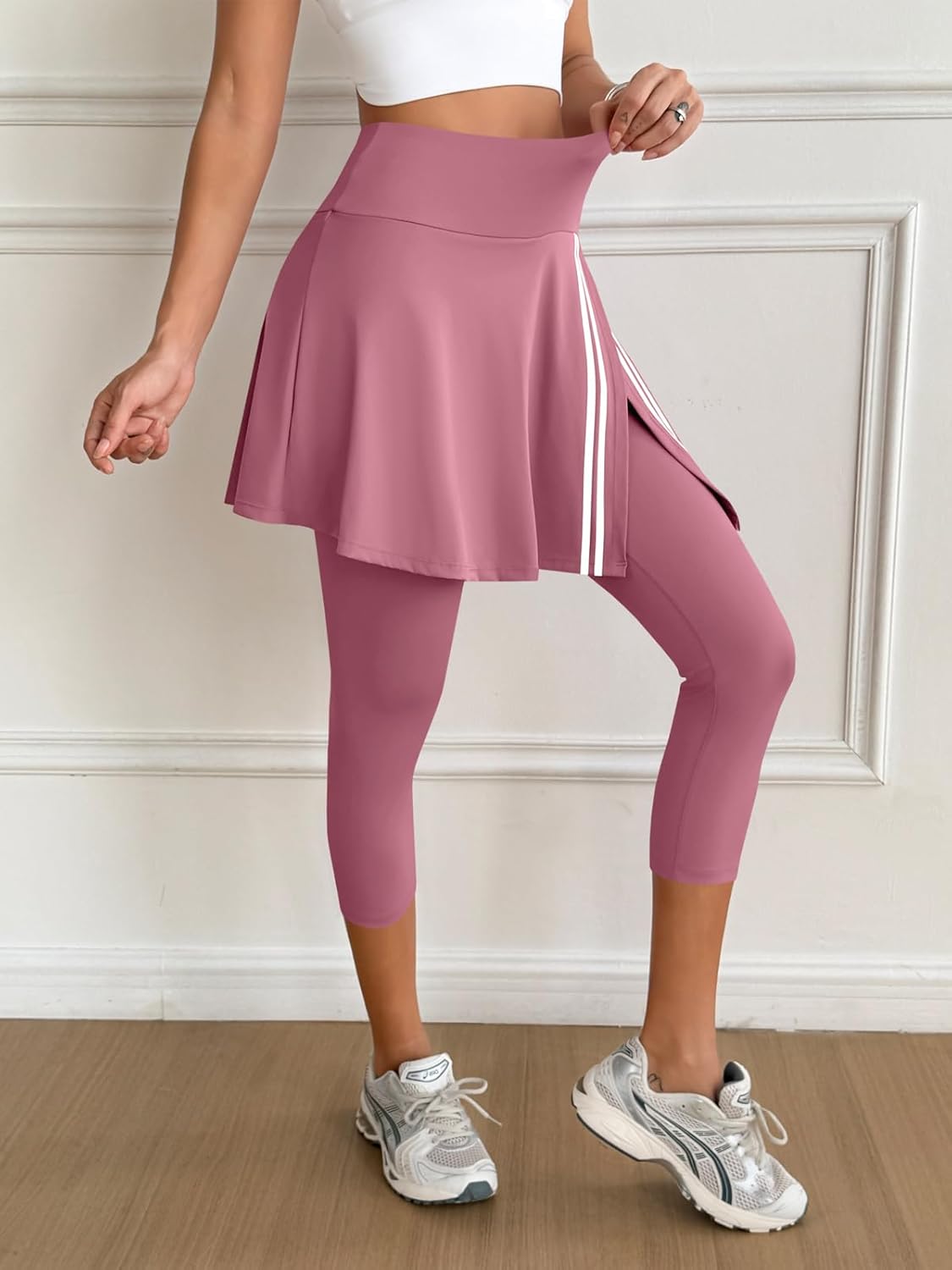 Fisoew Women's Tennis Golf Skirt with Capris Leggings Pockets Wrap Contrast Colors Gym Athletic Skorts - Image 4