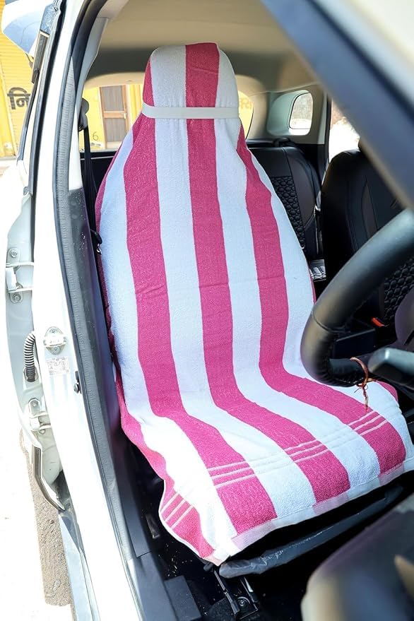Image of Car Seat Cover, Towel Fabric, Elastic Fitting, Front Seat, Universal Fit for All Models, Pack of 2 (PINKLINE)