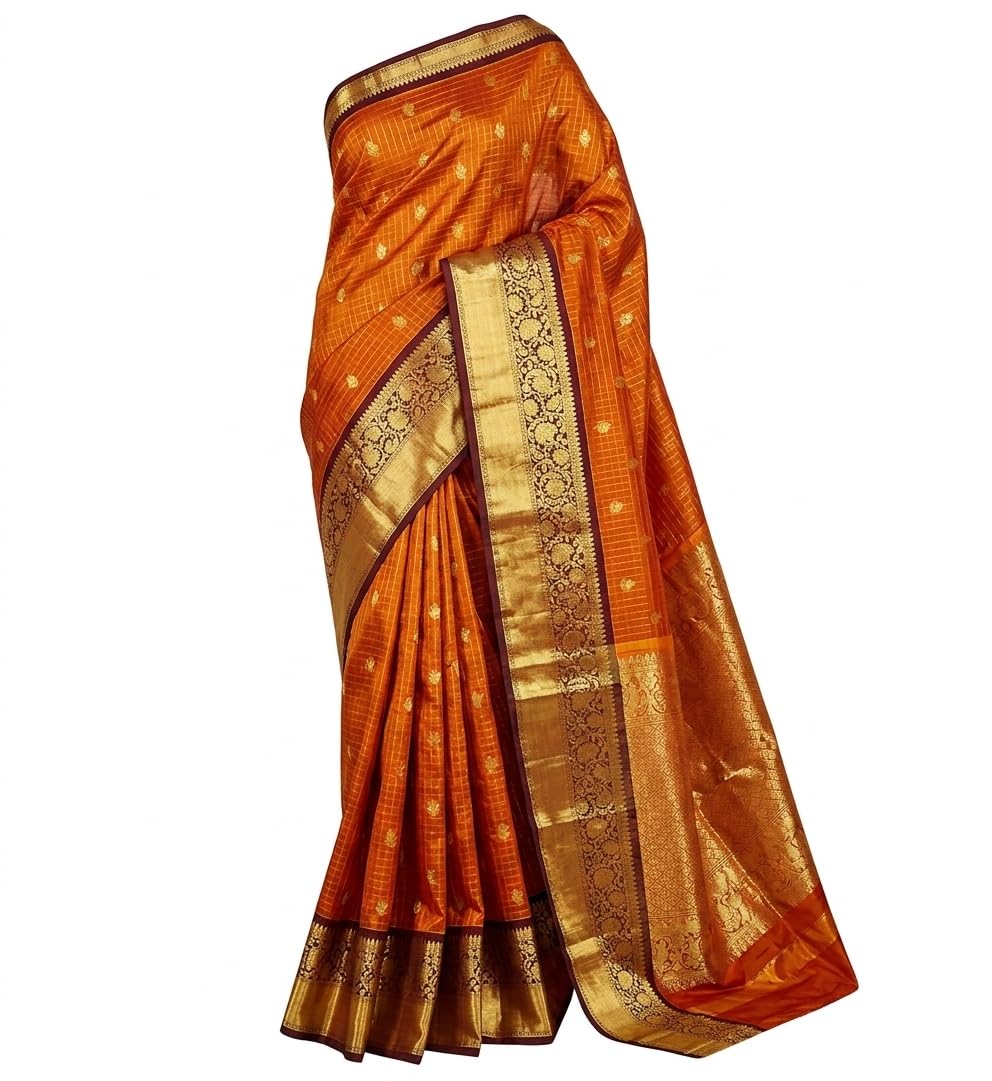 Orange Buti Silk Saree with Gold Zari Border, Traditional Indian Ethnic Wear-picture-29