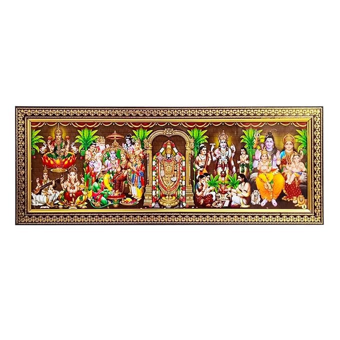 Five in One Gods Photo Frame for Pooja | Photo Frame of Ganesha-Saraswati, Ram Pattabhishekam, Lord Venkateshwara, Shiva Family and Satyanarayana