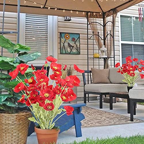 XHXSTORE 6Pcs Artificial Poppies Red Fake Silk Poppies Flowers Faux Corn Poppy Flowers with 4 Flower Heads for Grave Home Kitchen Garden Wedding Indoor Outdoor Holiday Wedding Christmas Decoration
