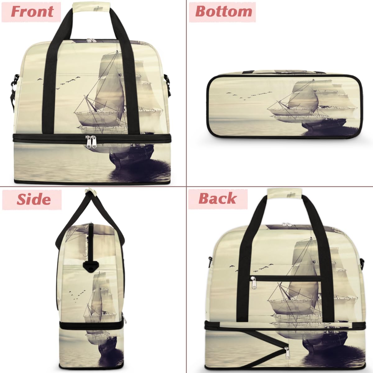 Ocean Sailboat - Bolsa de viaje plegable de 47 L, bolsa de fin de semana con funda de carrito para hombro, bolsa de hombro separada para deportes, gimnasio, viajes, multicolor, 47L, Bolsa de viaje