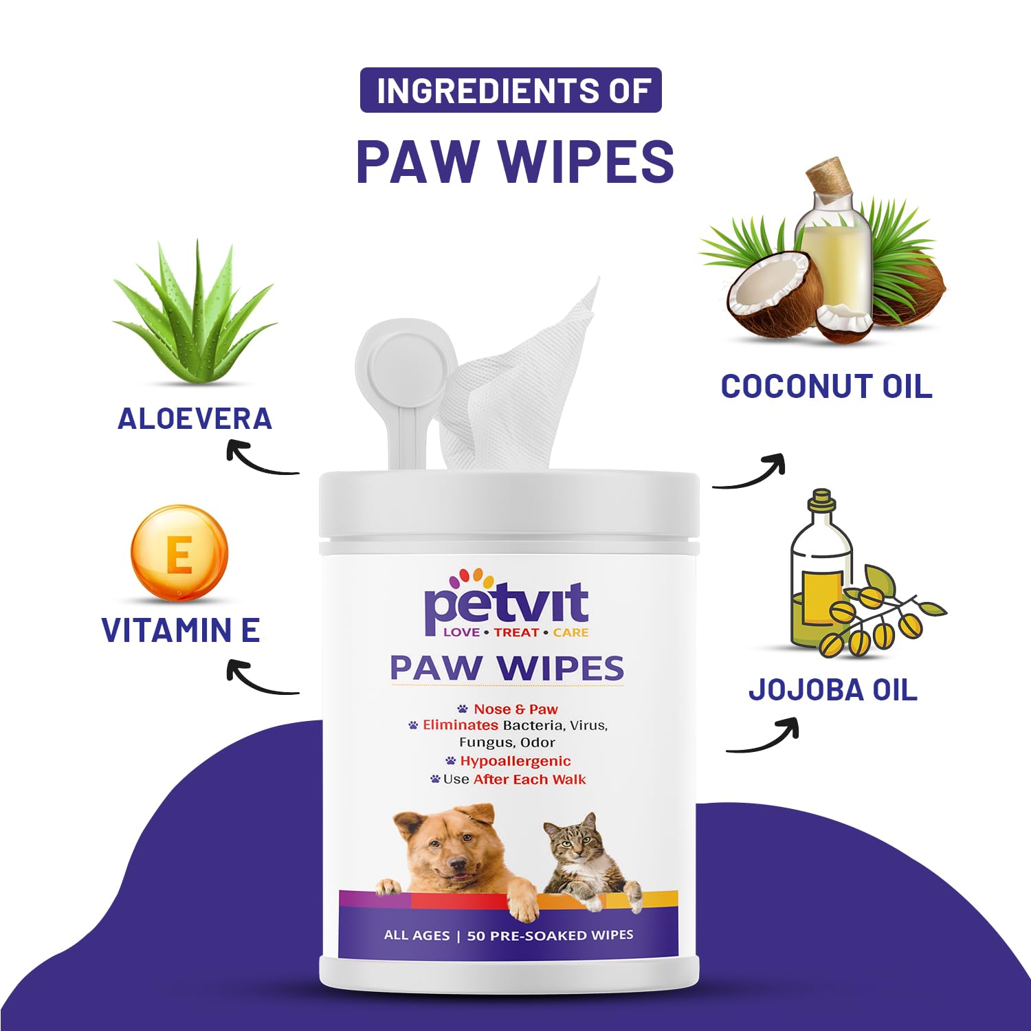 Petvit Nose and Paw Wipes for Eliminates Bacteria, Virus, Fungus, Odor - Fragrance Less 50 Wipes |for All Age Group 3