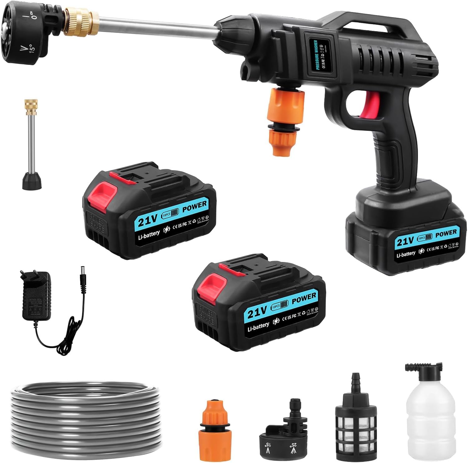 Viugreum Akku Hochdruckreiniger, 100Bar Hochdruckpistole Wasserpistole, Tragbarer Hochdruckreiniger Autowäsche mit 6-in-1-Multifunktions Düse, 2x 21V Batterien, 5m Schlauch für Auto, Terrasse, Fenster