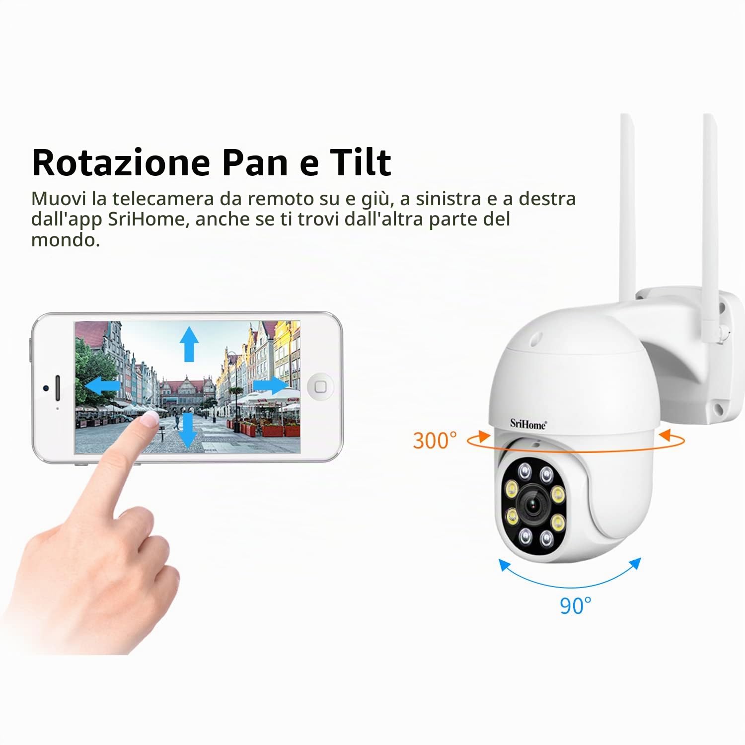 SriHome Telecamera di sorveglianza di sicurezz, Vediocamera 1080P WiFi IP PTZ Camera, Inseguimento automatico del movimento