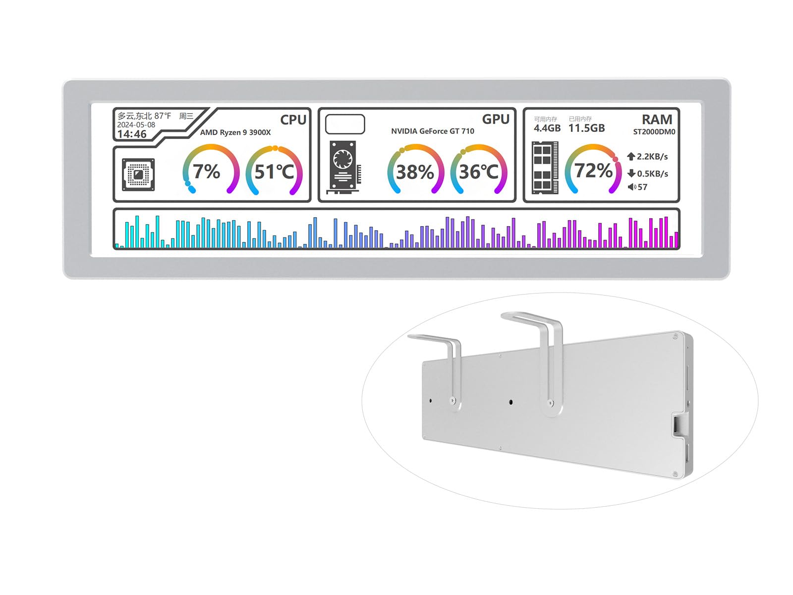 Waveshare 8.8inch USB Monitor 1920x480 Pixel AIO LCD Screen PC Case Secondary Screen Desktop RGB Ambient Screen IPS Panel with Music Spectrum Analysis Function Type-C Interface CNC Metal Case, Silver