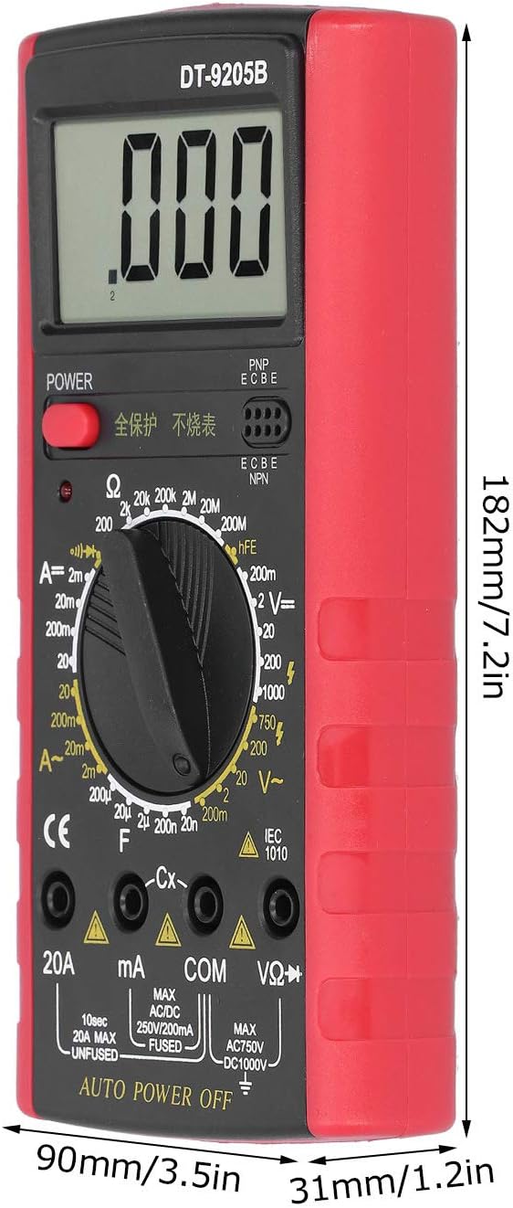 LiebeWH DT9205B Digital Multimeter with dimensions labeled