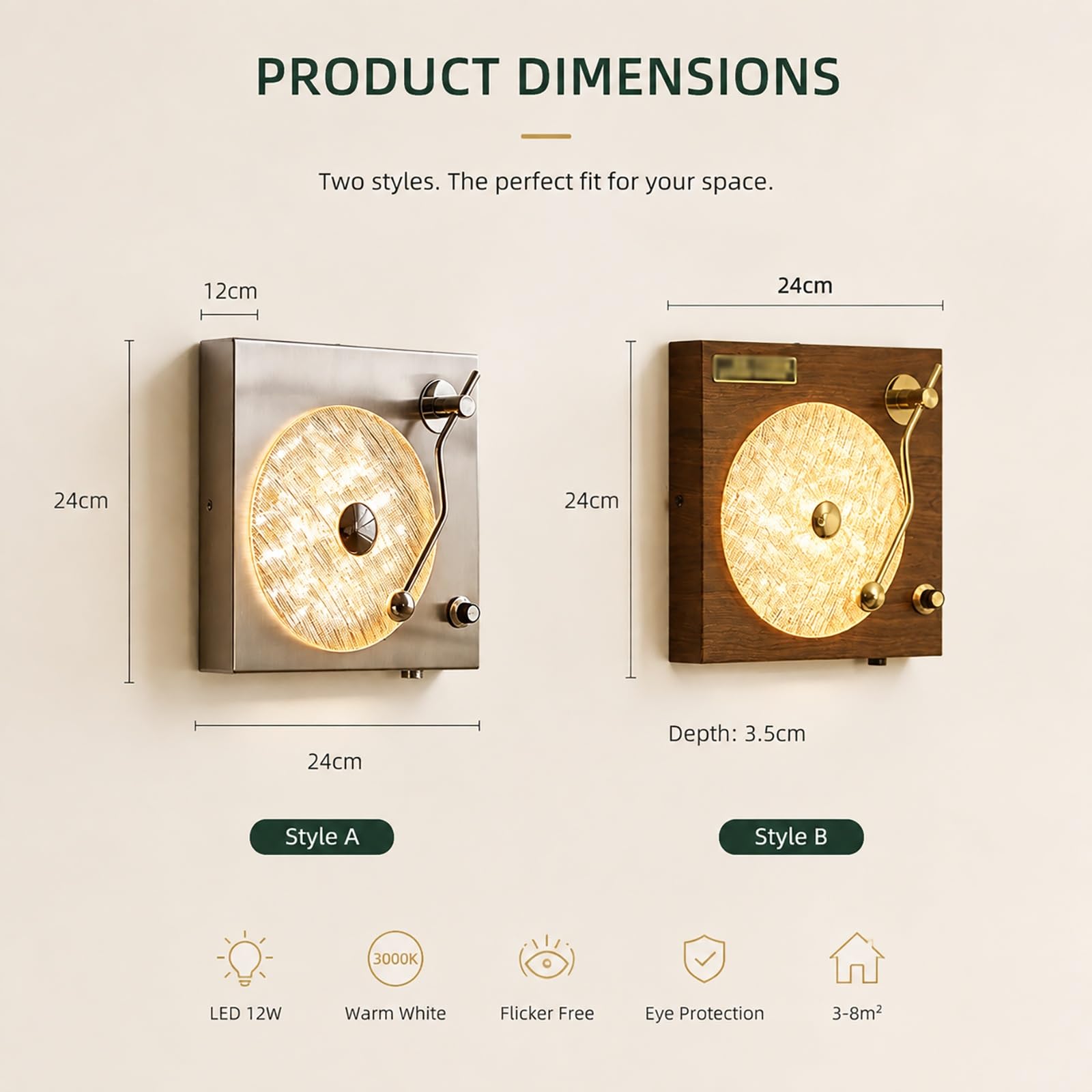 Lampa ścienna w stylu vintage, model inspirowany gramofonem | Funkcją ściemniania, Design retro nawiązujący do płyt winylowych, płynna regulacja jasności, klosz ze szkła o fakturze