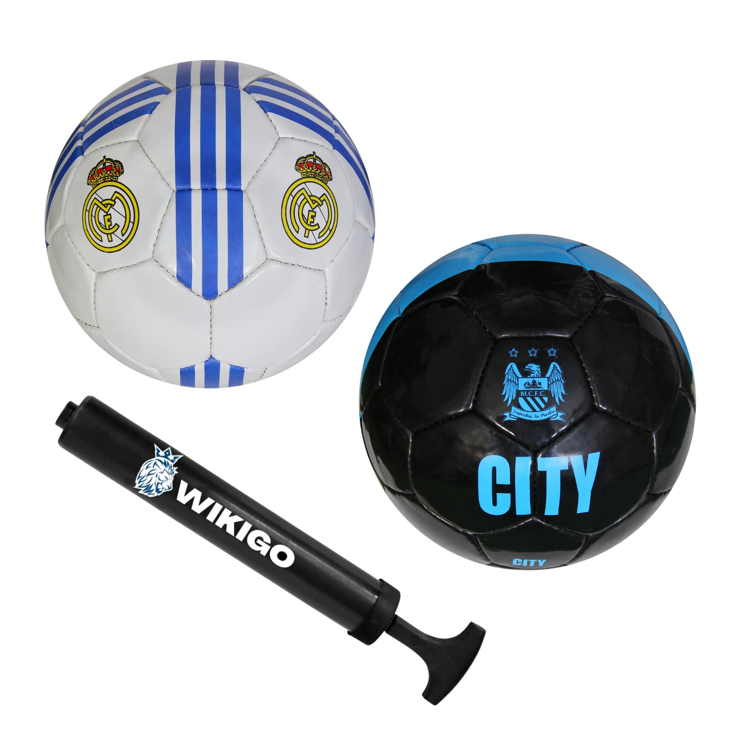 WIKIGO Premium Man City Black Football + Real Madrid Football with Air Pump | Water Resistant Best For Wet, Muddy And Grass Surface | Football for Training & Match Practice Outdoor Soccer Ball Rubber | Size-5 (B0BCQFNGTK) Amazon Price History, Amazon Price Tracker