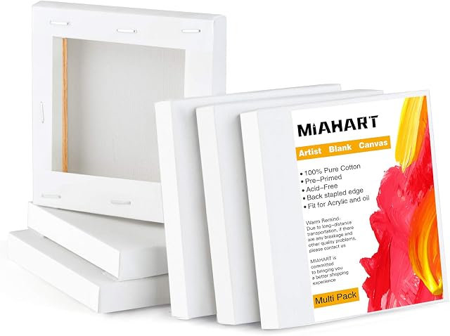 MIAHART 6 Pcs 4"x4"Mini Stretched Canvas White Blank Canvas 10x10cm Art Canvases Boards for Acrylic Oil Painting and Decorating(10x10cm)