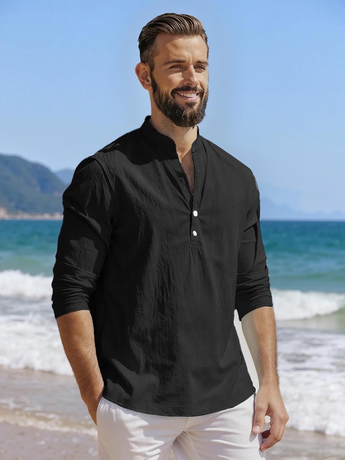 Mens Linen Henley Shirts Casual Long Sleeve Hippie Yoga Tops Lightweight Summer Beach T-Shirt - Image 3