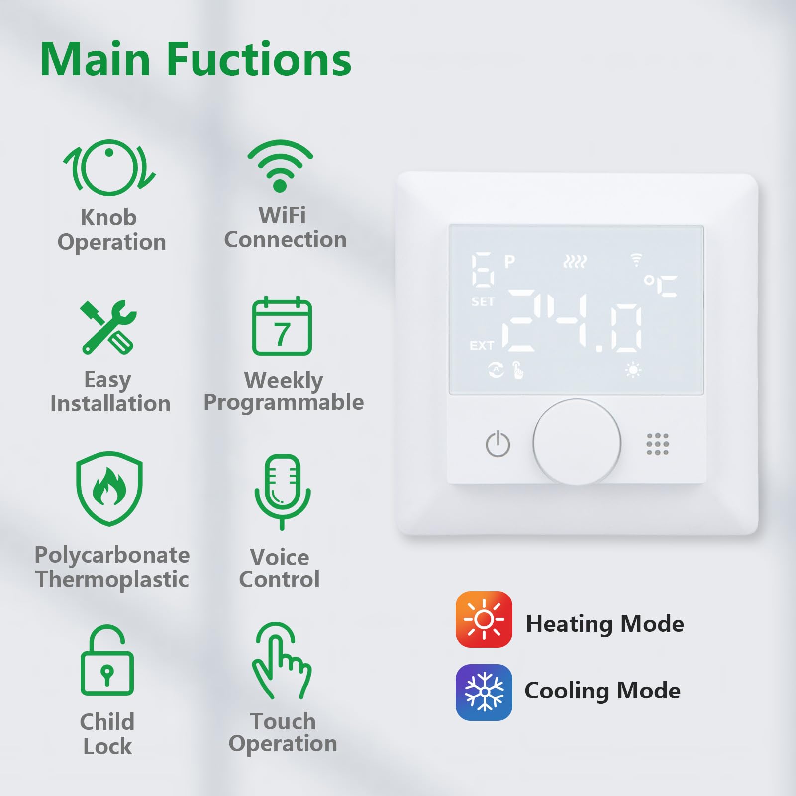 Wengart WLAN-Heizthermostat WG510,Drehen zum Einstellen der Temperatur, Heiz- und Kältemodi einstellbar,AC 230 V,3 A,2,4 GHz,funktioniert für Fußbodenheizung,Alexa Google Home-kompatibles Thermostat