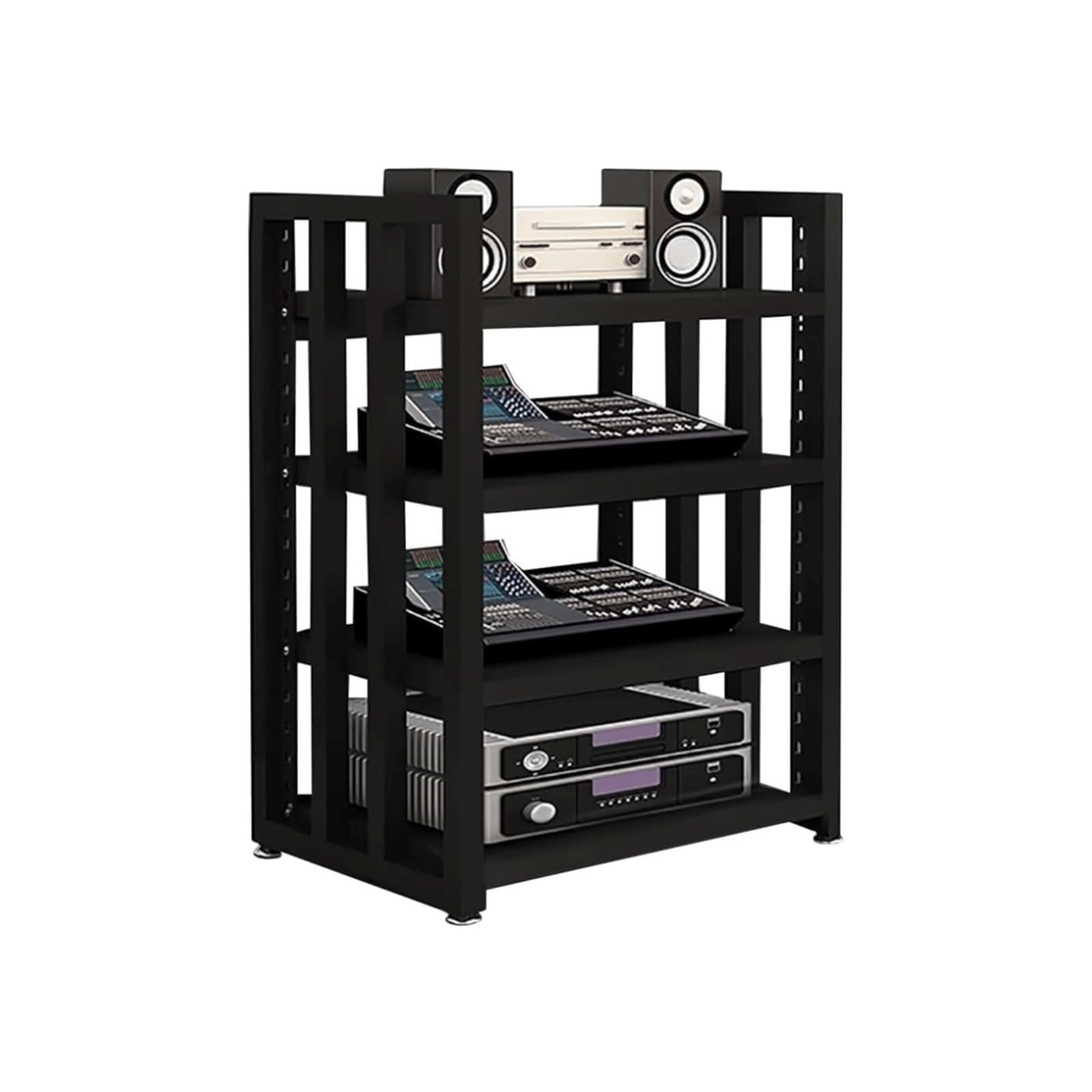 4-poziomowy audiowizualny uchwyt multimedialny, stojak HiFi, wieża audio z regulowanymi półkami, drewniana szafka na komponenty stereo, gramofony, telewizor, konsola do gier (czarny)