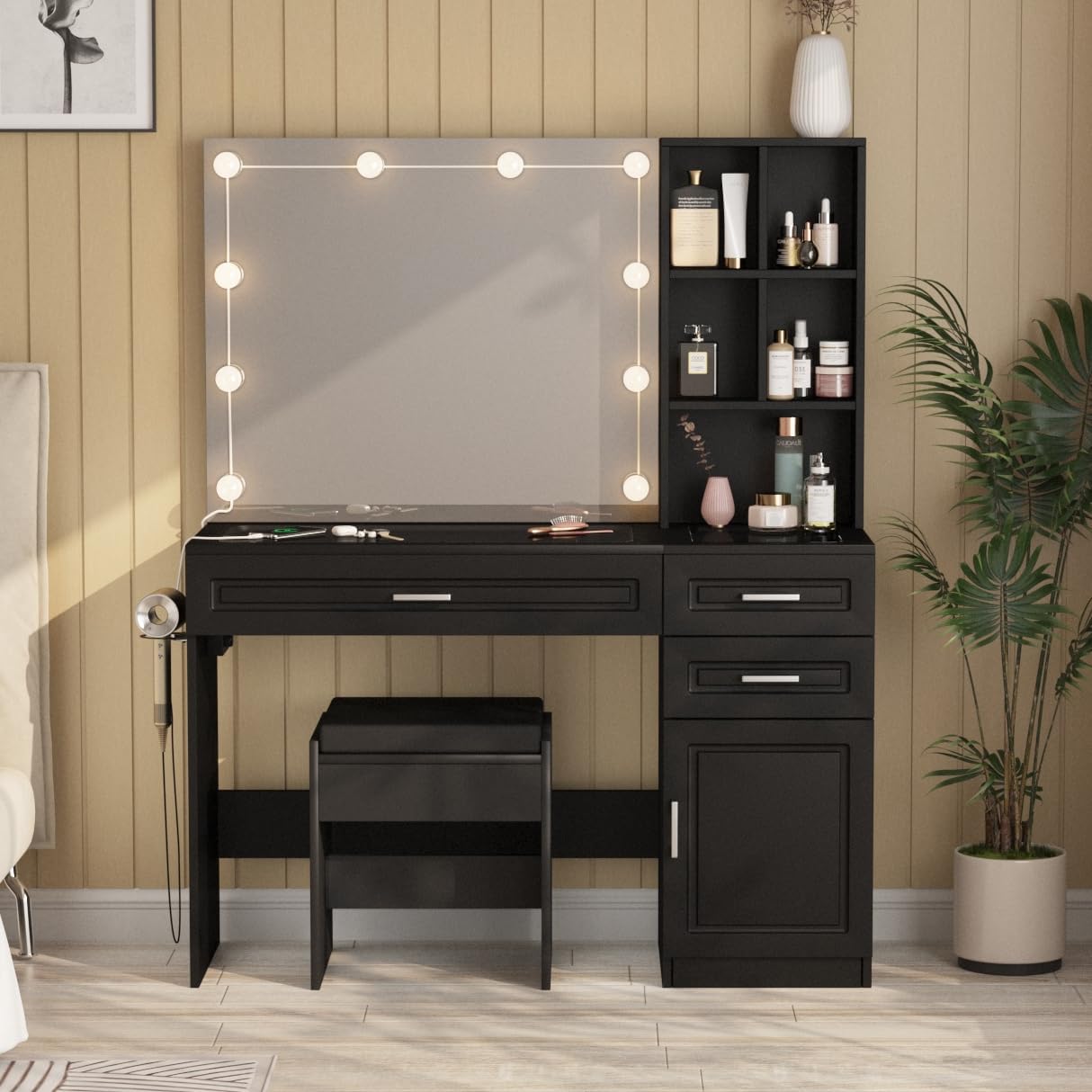 Fameill Vanity Desk with Lighted Mirror & Power Strip,Large Vanity Table with Glass top and Lots Storage,3 Drawer Makeup Desk with Hair Dryer Stand,3 Lighting Modes,Black