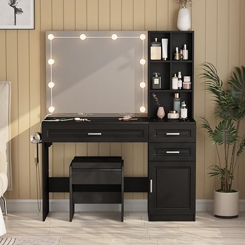 Miniatura 2 de Fameill Escritorio de tocador con espejo iluminado y tira de alimentación, mesa de tocador grande con parte superior de vidrio y mucho