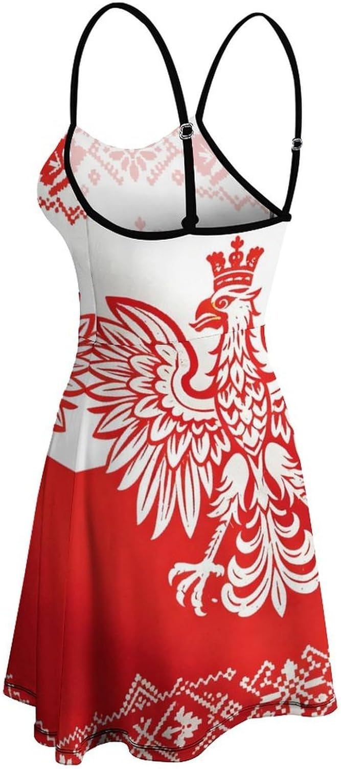 Patterned Polish Flag Short Cami Dress for Women Adjustable Spaghetti Strap Flowy Sundress Beach Vacation